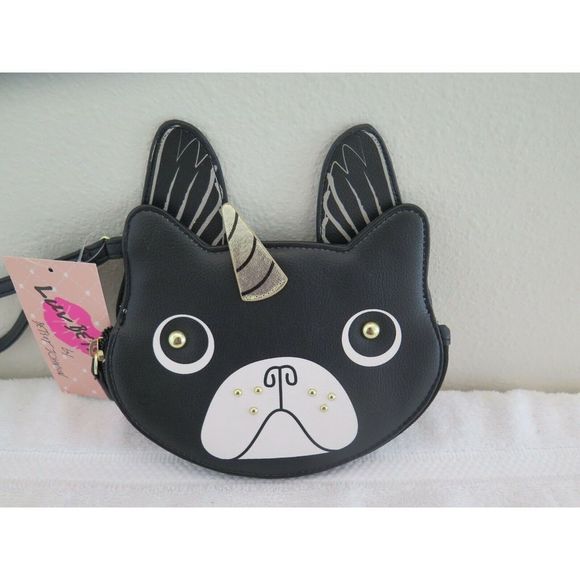 LUV BETSEY Black Frenchie Bulldog Unicorn LBTITAN Coin Purse Wristlet With Wings - Picture 2 of 9